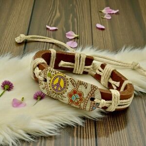 Boho Hippie Peace Sign Leather Hemp Wrap Retro Adjustable Layering Bracelet